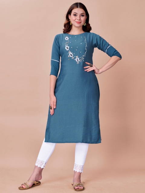 

Fashion FRICKS Women Blue Floral Striped Kurta with Trousers