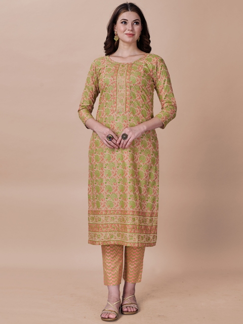 

Fashion FRICKS Women Gold-Toned Printed Panelled Pure Cotton Kurti with Trousers