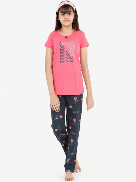 

Charak Girls Pink & Navy Blue Printed Night suit