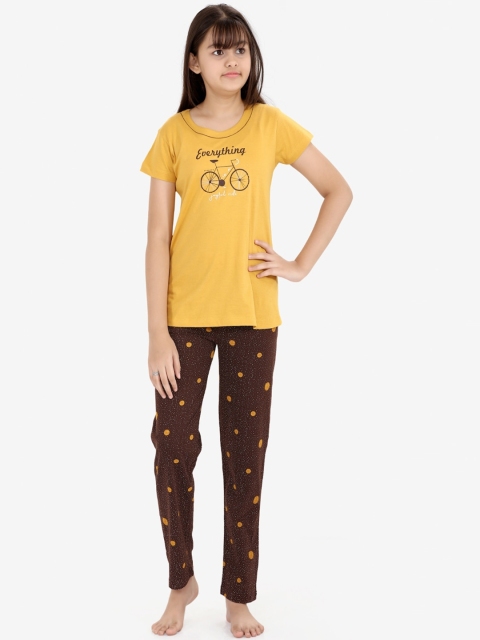 

Charak Girls Yellow & Brown Printed Night suit