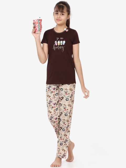 

Charak Girls Brown & Black Printed Night Suit
