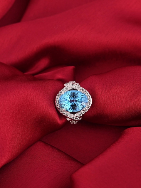 

HIFLYER JEWELS Women Blue & Rhodium-Plated Stone-Studded Finger Ring
