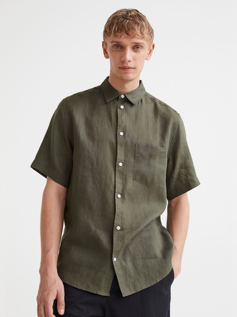 

H&M Green Regular Fit Short-Sleeved Linen Shirt