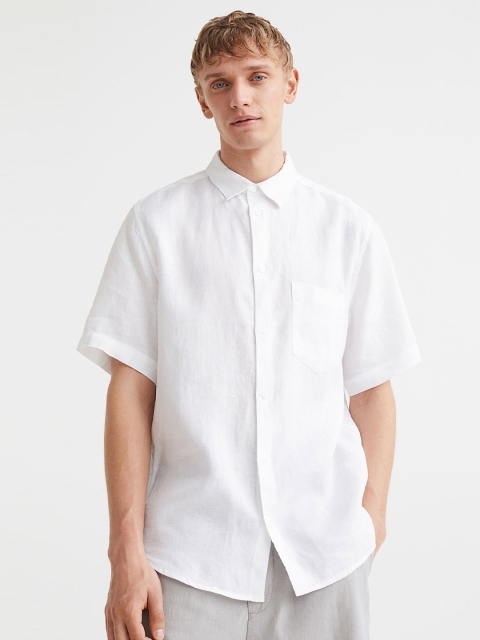 

H&M Men White Regular Fit Short-Sleeved Linen Shirt