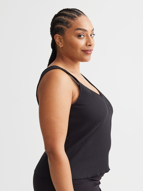 

H&M Women Black Ribbed Button-Front Vest Top