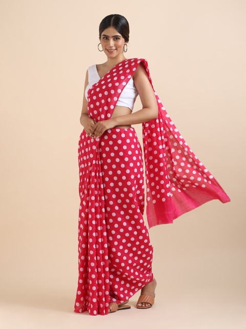 

Taneira Pink & White Polka Dots Printed Pure Cotton Saree