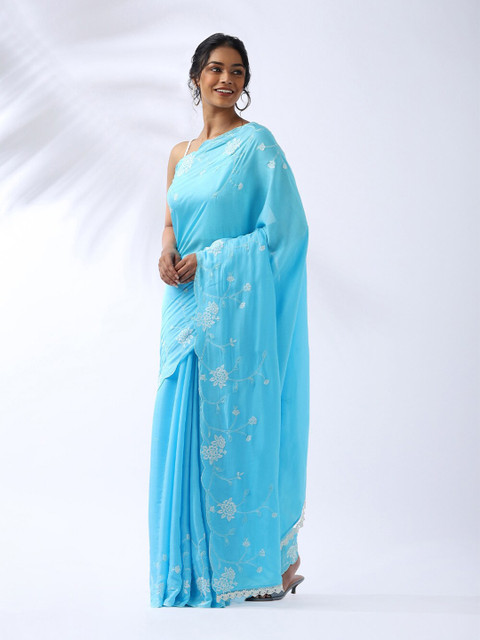 

Taneira Women Blue Floral Embroidered Silk Blend Saree
