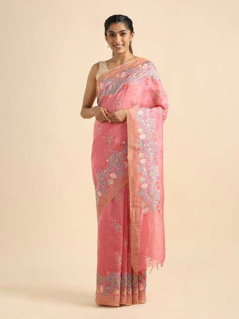 

Taneira Pink & Grey Floral Embroidered Pure Linen Saree