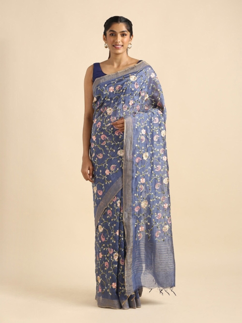

Taneira Blue & Green Floral Embroidered Pure Linen Saree