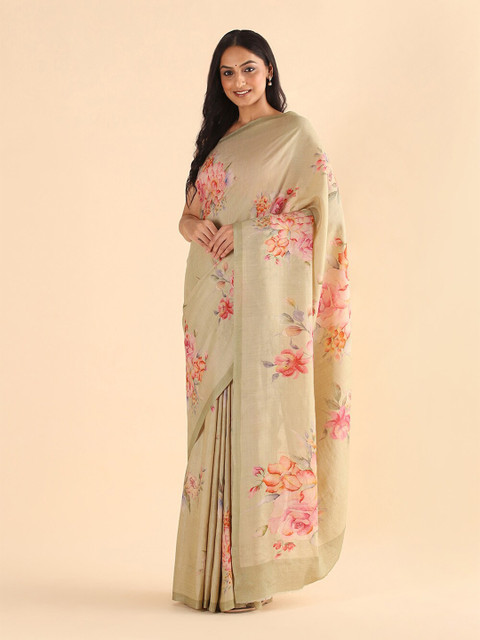 

Taneira Green & Orange Floral Printed Pure Silk Tussar Saree