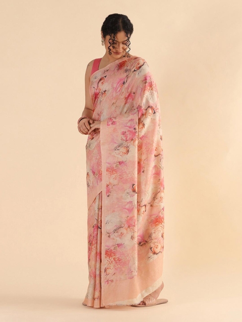 

Taneira Orange & Pink Floral Pure Silk Tussar Saree