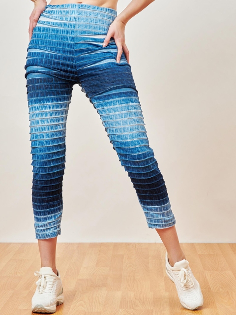 

enzeo Women Blue Ombre Rutched Sharp Slim Fit High-Rise Trousers