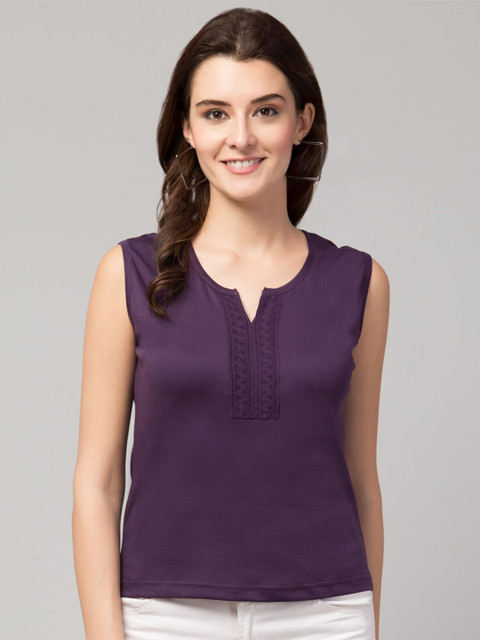 

Hive91 Women Purple Henley Neck T-shirt