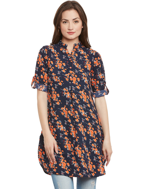 

Ruhaans Navy & Orange Floral Print Tunic, Navy blue