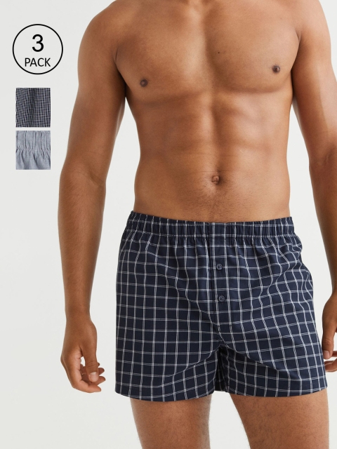 

H&M Men Blue 3 Pack Woven Cotton Boxer Shorts