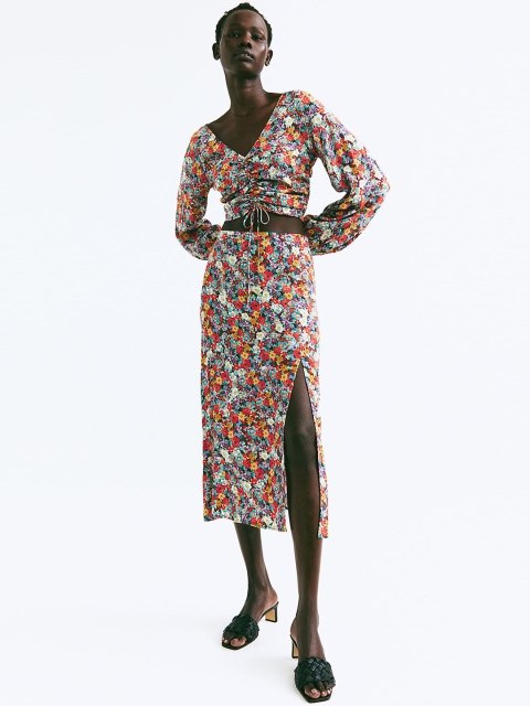 

H&M Women Pink & Blue Printed Midi A-Line Viscose skirt