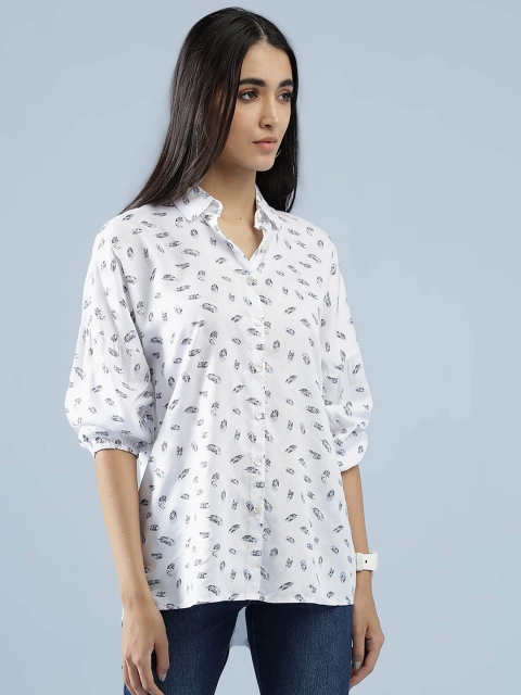 

IDK Women White Floral Print Puff Sleeves Shirt Style Top