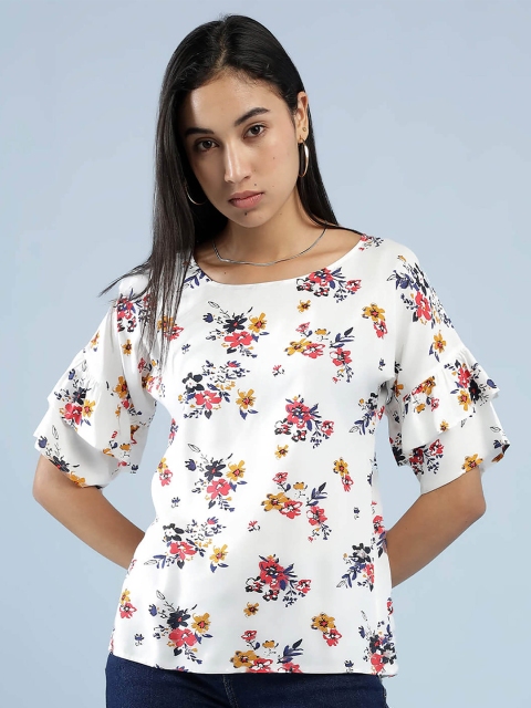 

IDK Women White Floral Print Tiered Sleeves Top