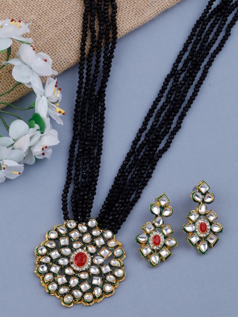 

Silver Shine Gold-Plated White Stone-Studded & Black Beaded Jewellery Set