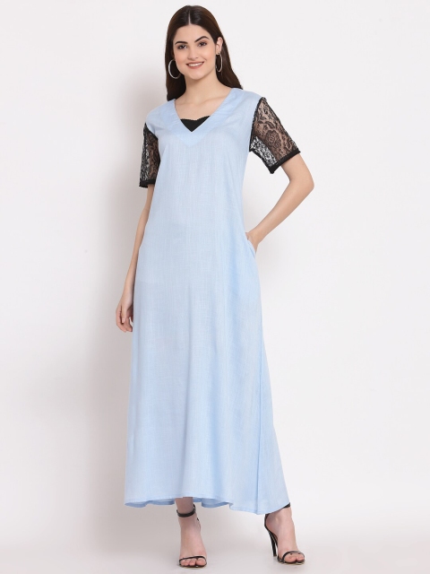 

PATRORNA Women V-neck Blue Maxi Nightdress