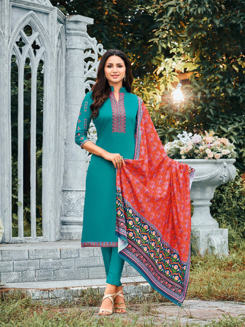 

mf Turquoise Blue & Red Embroidered Unstitched Dress Material