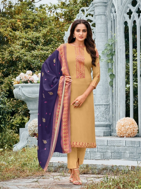 

mf Beige & Navy Blue Embroidered Unstitched Dress Material