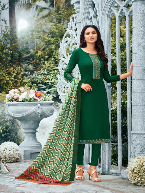 

mf Green & Cream-Coloured Embroidered Unstitched Dress Material