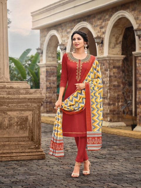 

mf Brown & Mustard Embroidered Unstitched Dress Material