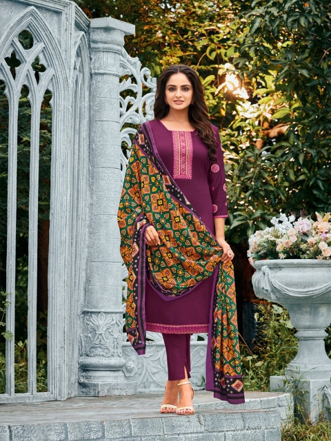 

mf Purple & Green Embroidered Unstitched Dress Material With Dupatta