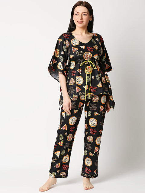 

Pyjama Party Women Black & Orange Printed Night suit
