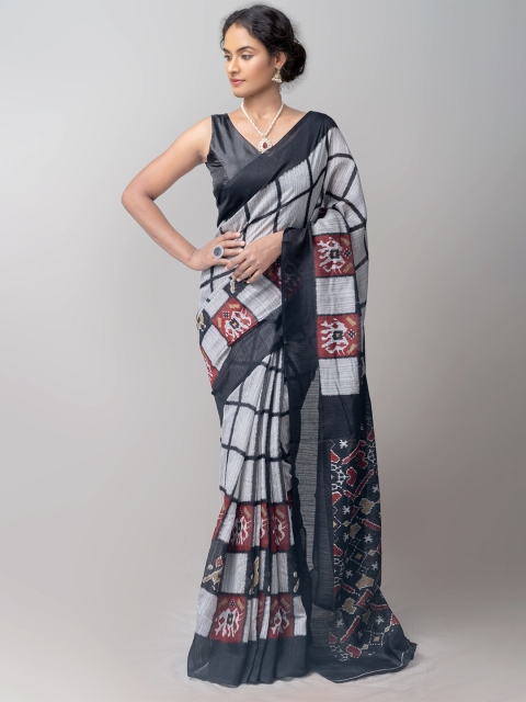 

Unnati Silks Grey & Red Ethnic Motifs Silk Cotton Bhagalpuri Saree