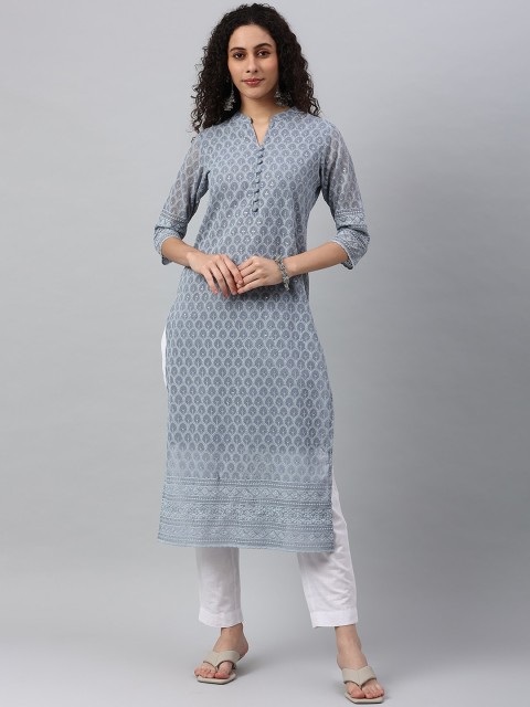 

Pikasha Women Grey Dyed Thread Work Georgette Kurta