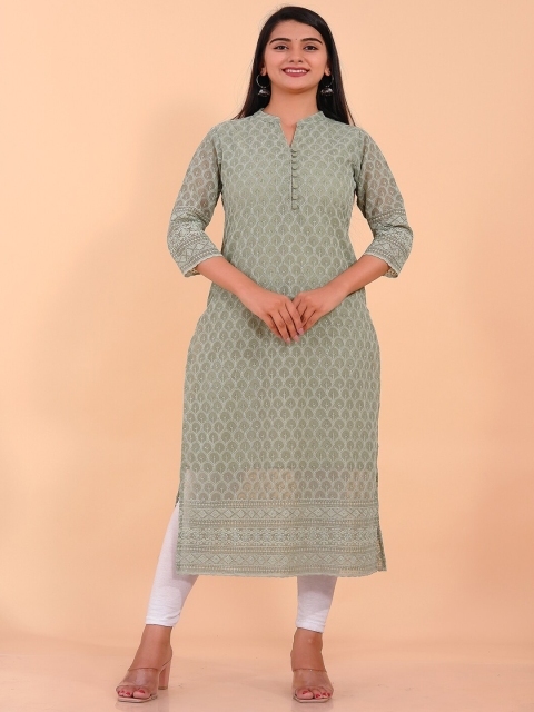 

Pikasha Women Green Geometric Thread Work Georgette Kurta