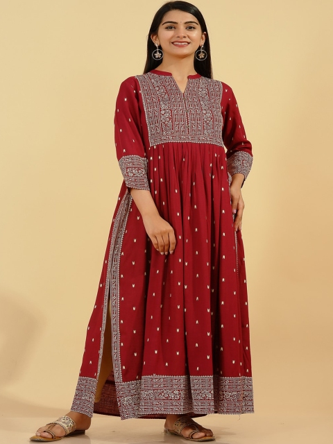 

Pikasha Women Maroon Geometric Striped Anarkali Kurta