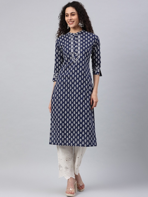

Pikasha Women Navy Blue Geometric Printed Anarkali Kurta