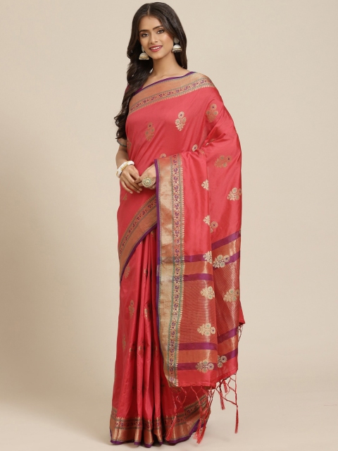 

MASSTANI BY INDDUS Women Magenta & Gold-Toned Woven Design Zari Silk Blend Banarasi Saree