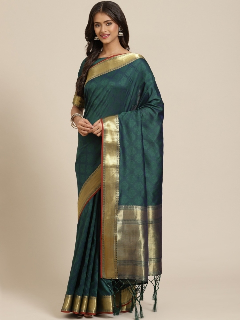 

MASSTANI BY INDDUS Women Green & Gold-Toned Ethnic Motifs Zari Silk Blend Banarasi Saree