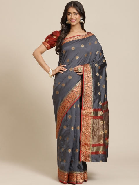

MASSTANI BY INDDUS Grey & Gold-Toned Ethnic Motifs Zari Silk Blend Banarasi Saree