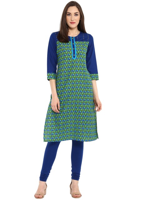 

Avaana Women Blue & Green Printed Straight Kurta