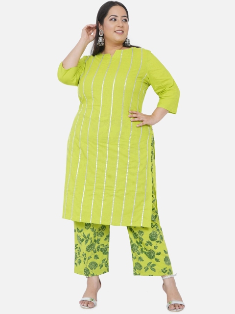 

Fabnest Curve Women Lime Green Striped Pure Cotton Kurta with Trousers