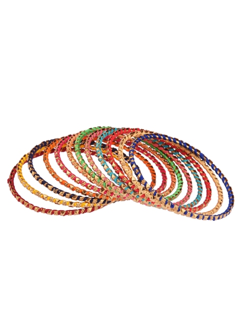

FEMMIBELLA Set Of 12 Gold-Plated Blue & Red Thread Antique Bangles Set