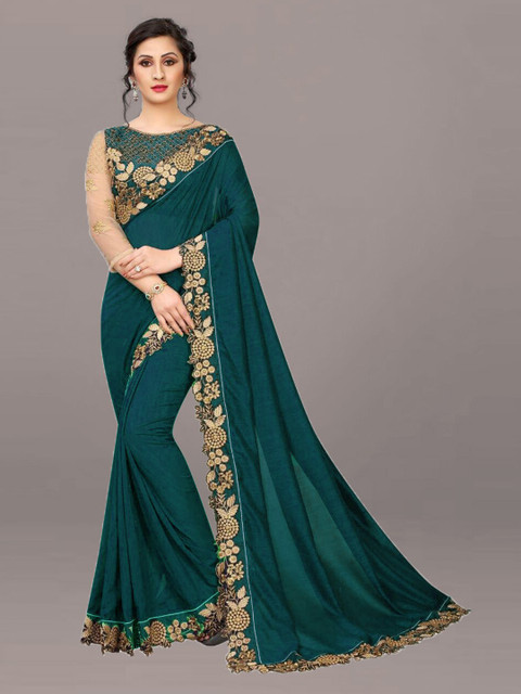 

Xenilla Women Teal & Gold-Toned Embroidered Silk Blend Ready to Wear Saree