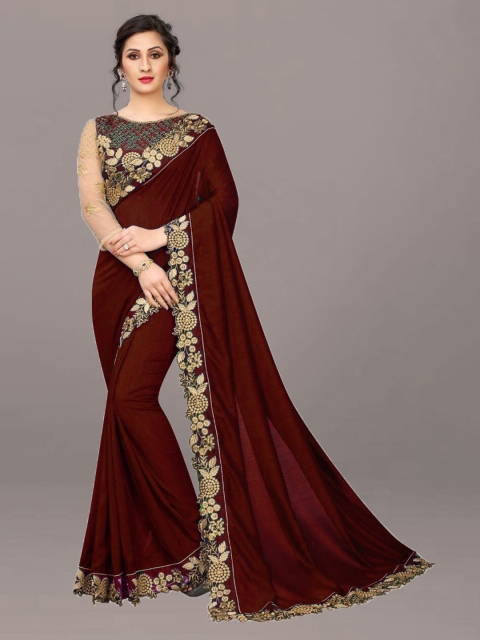 

Xenilla Maroon & Gold-Toned Embroidered Silk Blend Ready to Wear Saree