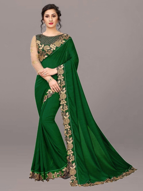 

Xenilla Green & Gold-Toned Embroidered Silk Blend Ready to Wear Saree