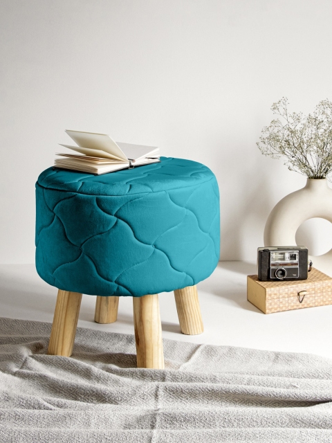 

Clasiko Teal Blue Solid Ottoman With Wooden Legs