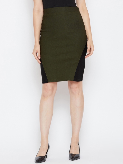 

Bitterlime Women Olive Green Colourblocked Knee Length Pencil Skirts