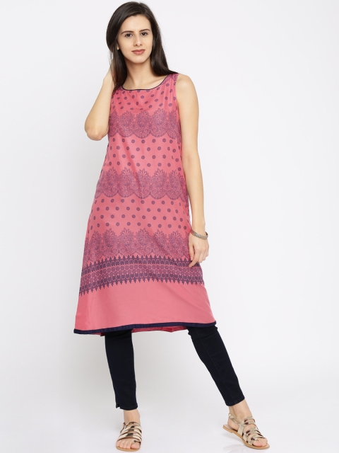

Melange by Lifestyle Women Pink & Navy Blue Printed Straight Kurta
