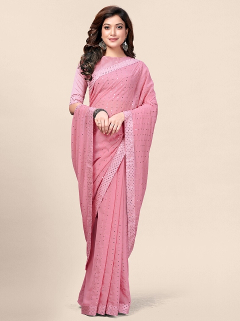 

Granthva Fab Pink & Silver-Toned Embellished Sequinned Ready to Wear Saree