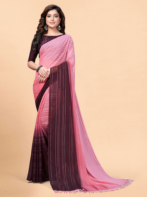 

Granthva Fab Pink & Coffee Brown Embellished Art Silk Ready to Wear Saree