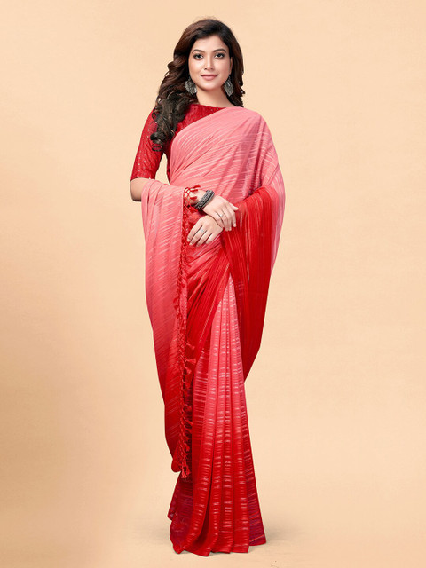 

Granthva Fab Pink & Red Embellished Beads and Stones Art Silk Ready to Wear Saree